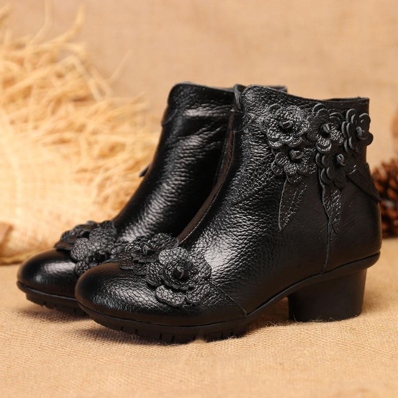 Femmes Vintage En Cuir Véritable Fait À La Main Fleur Talon Bas Bottines Courtes