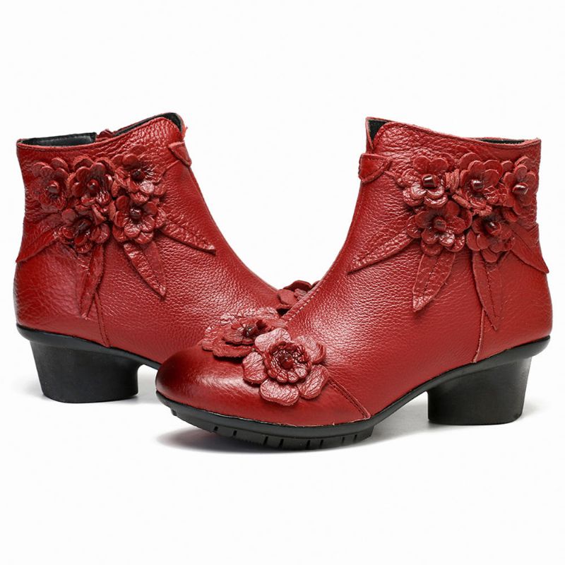 Femmes Vintage En Cuir Véritable Fait À La Main Fleur Talon Bas Bottines Courtes