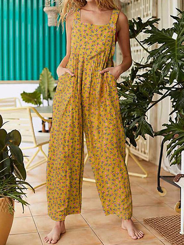 Femmes Vintage Ditsy Floral Print Double Pocket Casual Strappy Jumpsuits