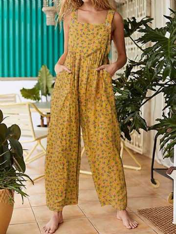 Femmes Vintage Ditsy Floral Print Double Pocket Casual Strappy Jumpsuits