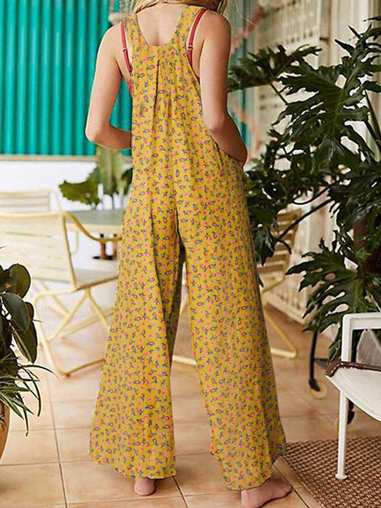 Femmes Vintage Ditsy Floral Print Double Pocket Casual Strappy Jumpsuits