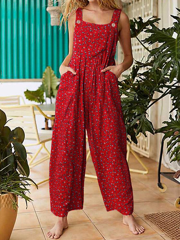 Femmes Vintage Ditsy Floral Print Double Pocket Casual Strappy Jumpsuits