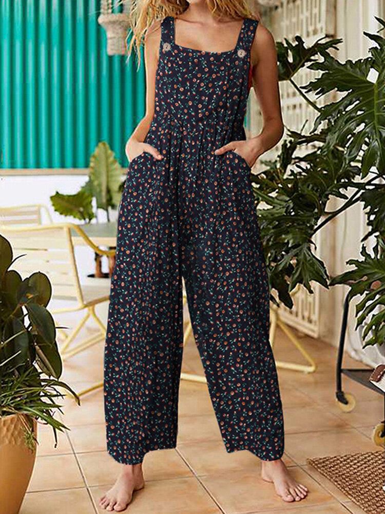 Femmes Vintage Ditsy Floral Print Double Pocket Casual Strappy Jumpsuits