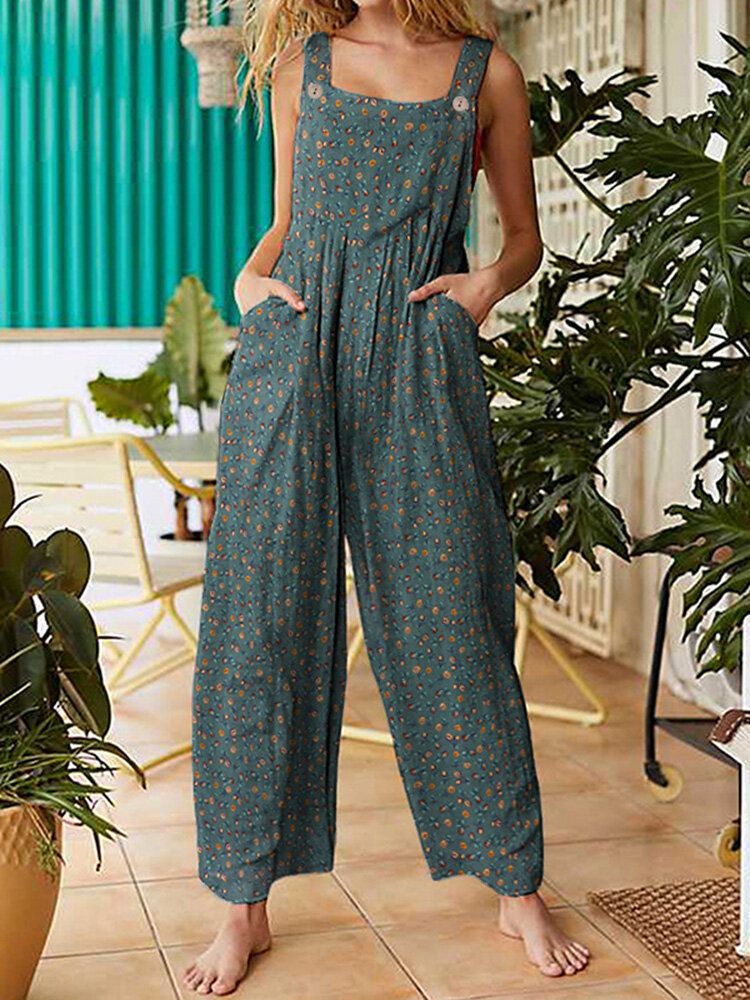 Femmes Vintage Ditsy Floral Print Double Pocket Casual Strappy Jumpsuits