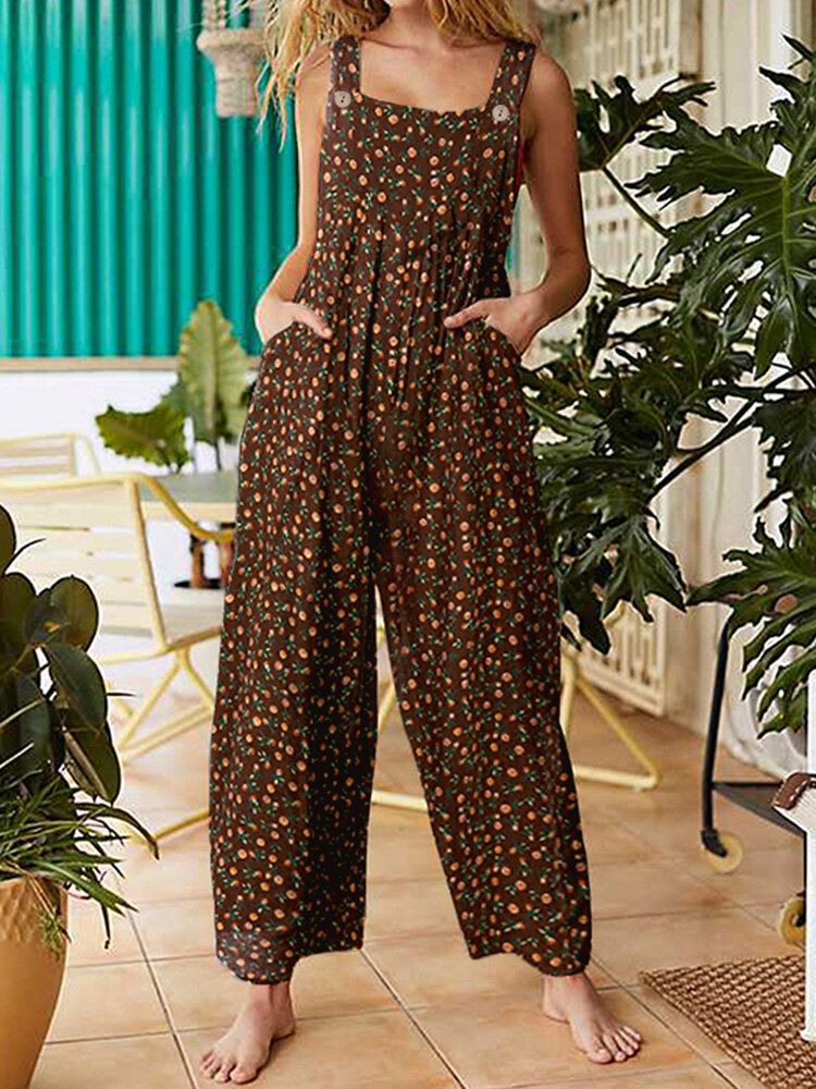 Femmes Vintage Ditsy Floral Print Double Pocket Casual Strappy Jumpsuits