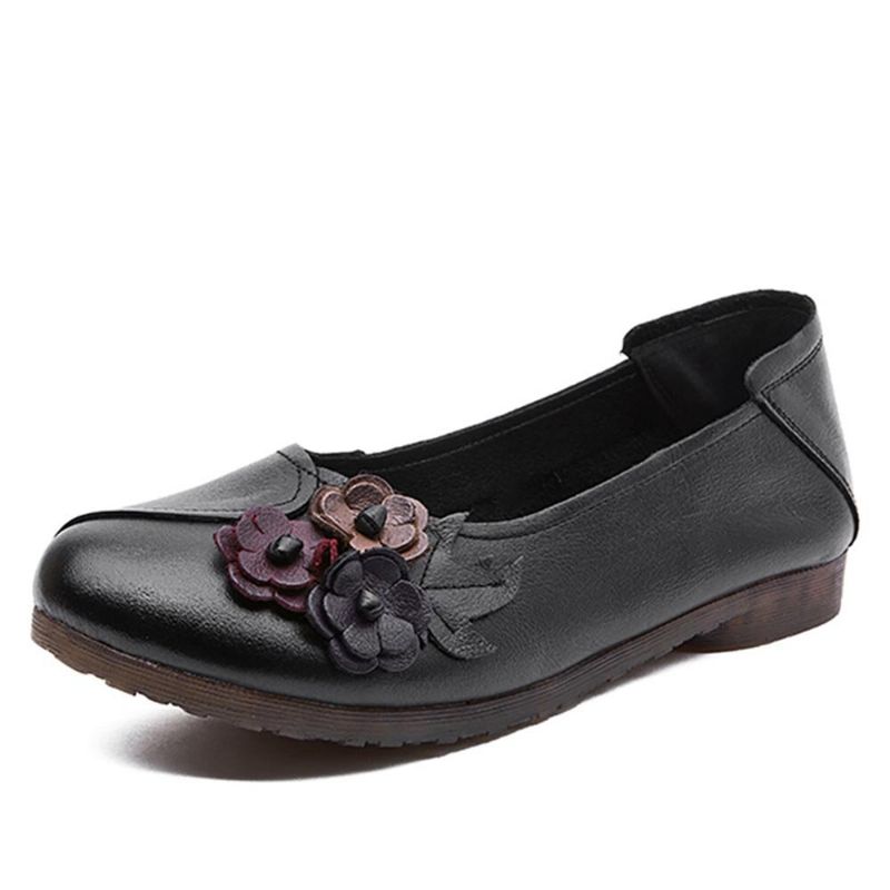 Femmes Vintage Floral Bout Rond En Cuir Véritable Semelle Souple Slip On Comfy Flats