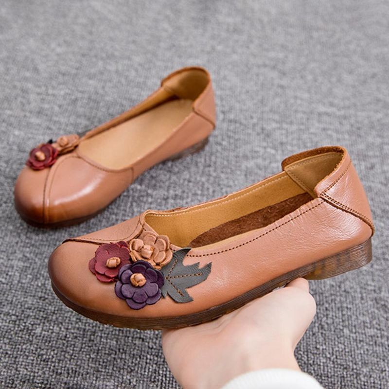 Femmes Vintage Floral Bout Rond En Cuir Véritable Semelle Souple Slip On Comfy Flats