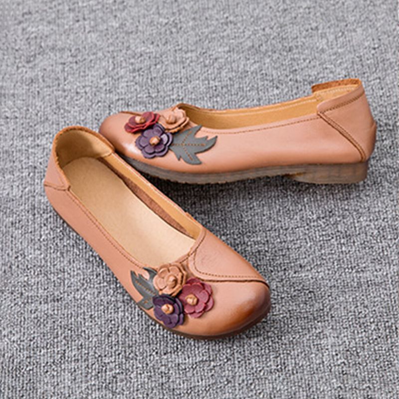 Femmes Vintage Floral Bout Rond En Cuir Véritable Semelle Souple Slip On Comfy Flats