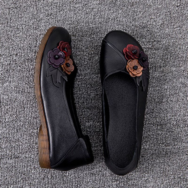 Femmes Vintage Floral Bout Rond En Cuir Véritable Semelle Souple Slip On Comfy Flats