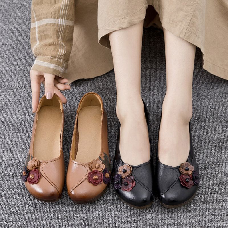 Femmes Vintage Floral Bout Rond En Cuir Véritable Semelle Souple Slip On Comfy Flats