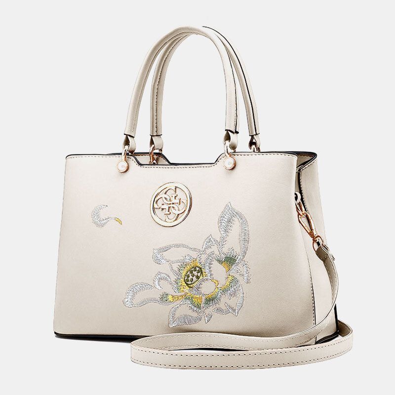 Femmes Vintage Style Chinois Gardenia Fleur Brodé Sac À Main Grande Capacité Multi-poches Multi-carry Pu Leahter Sac À Bandoulière