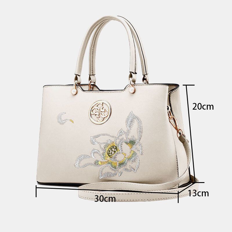 Femmes Vintage Style Chinois Gardenia Fleur Brodé Sac À Main Grande Capacité Multi-poches Multi-carry Pu Leahter Sac À Bandoulière