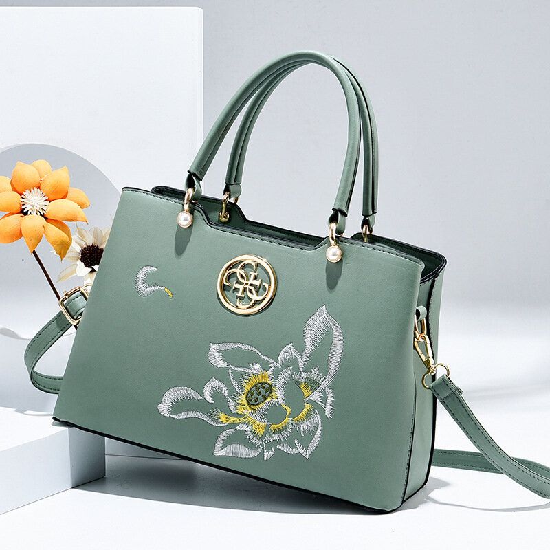 Femmes Vintage Style Chinois Gardenia Fleur Brodé Sac À Main Grande Capacité Multi-poches Multi-carry Pu Leahter Sac À Bandoulière