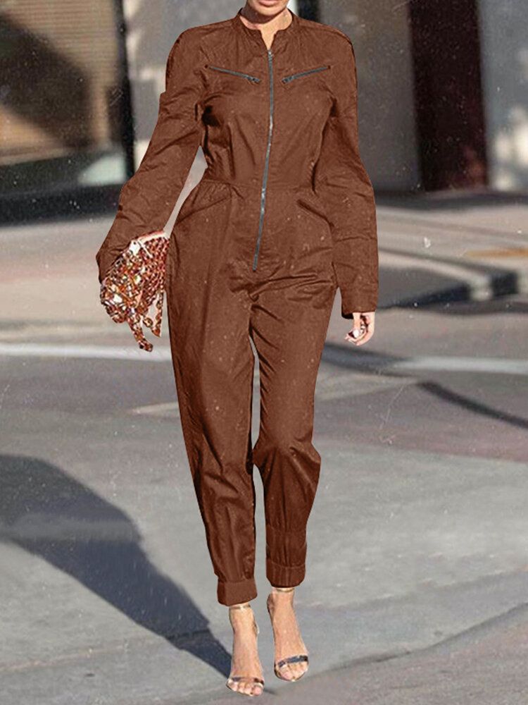 Femmes Zip Front Sleeve Long Beam Feet Cargo Solid Color Jumpsuits With Pocket