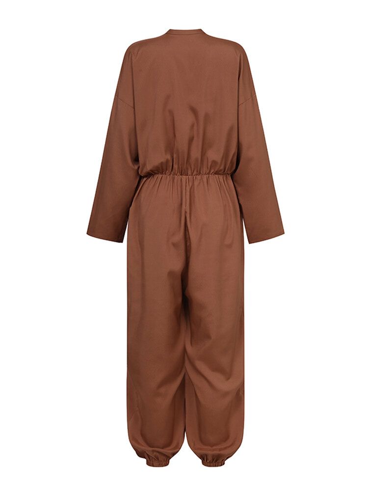 Femmes Zip Front Sleeve Long Beam Feet Cargo Solid Color Jumpsuits With Pocket