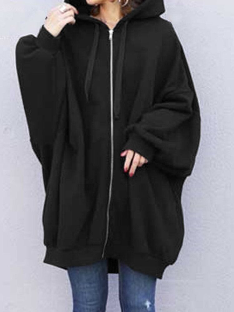 Femmes Zipper Up Outer Wear Loose Long Solid Sweat À Capuche