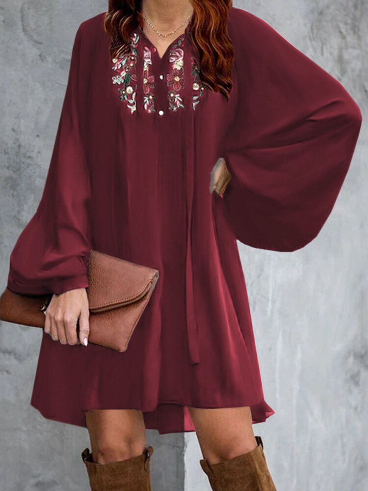 Fleurs Broderie Manches Bouffantes À Lacets Lâche Bohème Mini Robe Pour Les Femmes