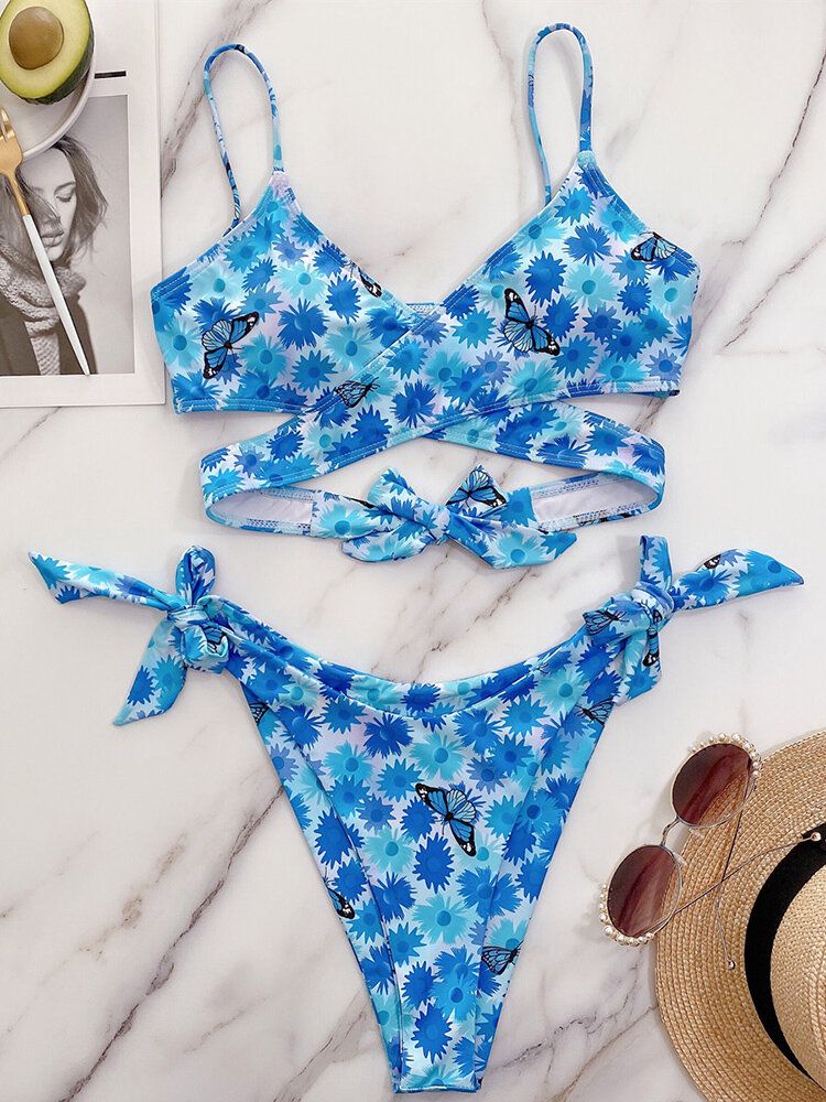 Floral Butterfly Animal Print Tie Cross Split Beach Bikini Femme Maillot De Bain