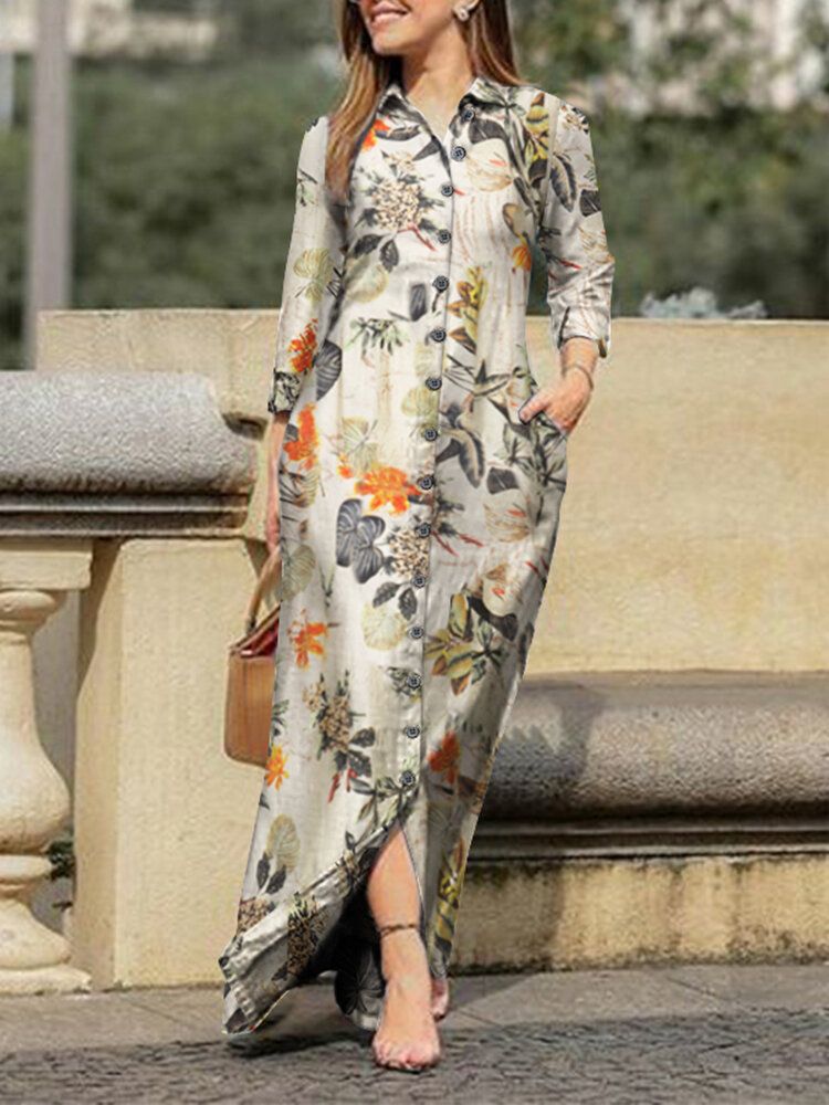 Floral Leaves Print Revers Button Manches Longues Daily Casual Maxi Dress