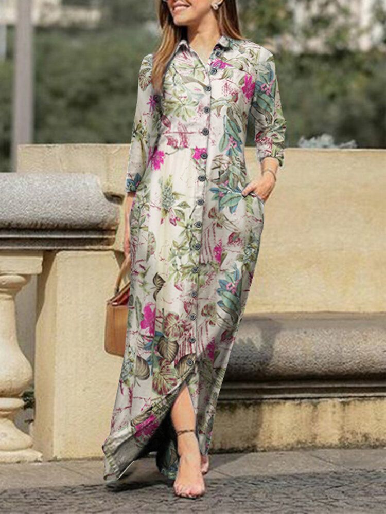 Floral Leaves Print Revers Button Manches Longues Daily Casual Maxi Dress