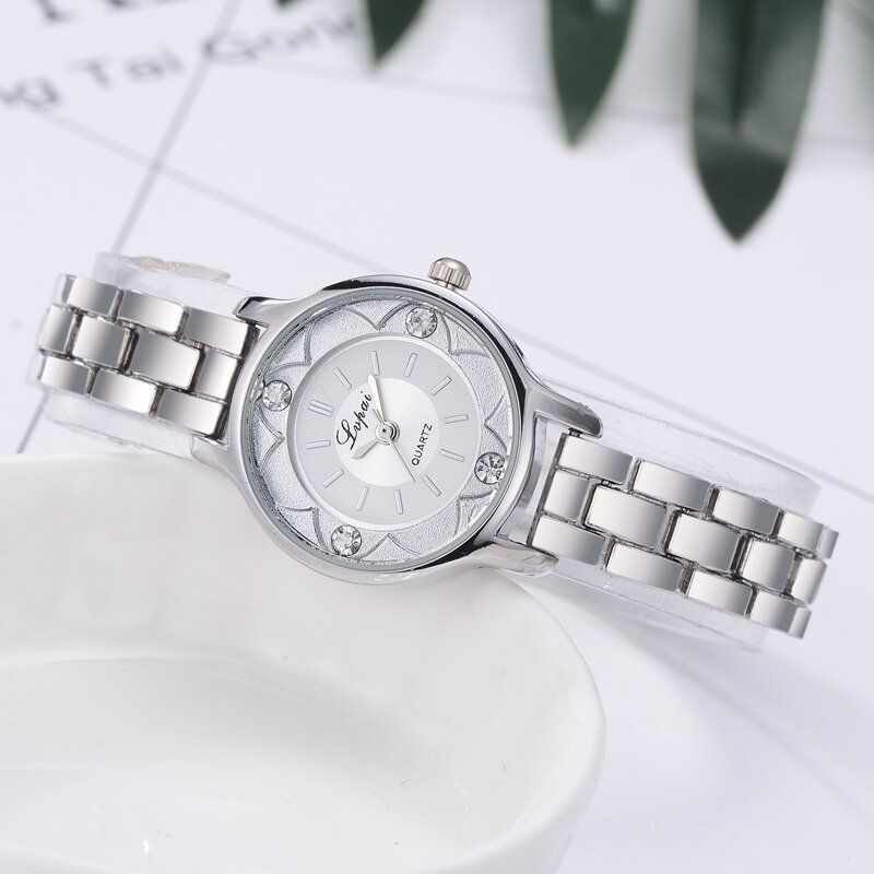 Flower Print Dial Ladies Bracelet Watch Alliage Diamond Quartz Watch