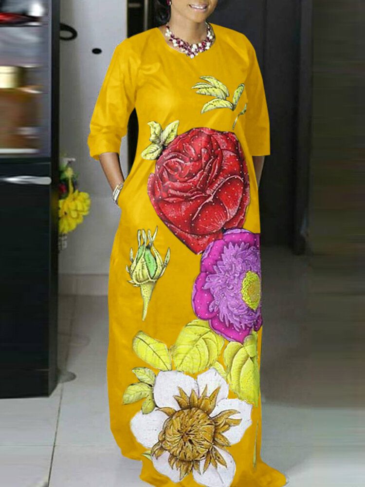 Flower Printing Side Pockets Europe Style Fashion Maxi Dress