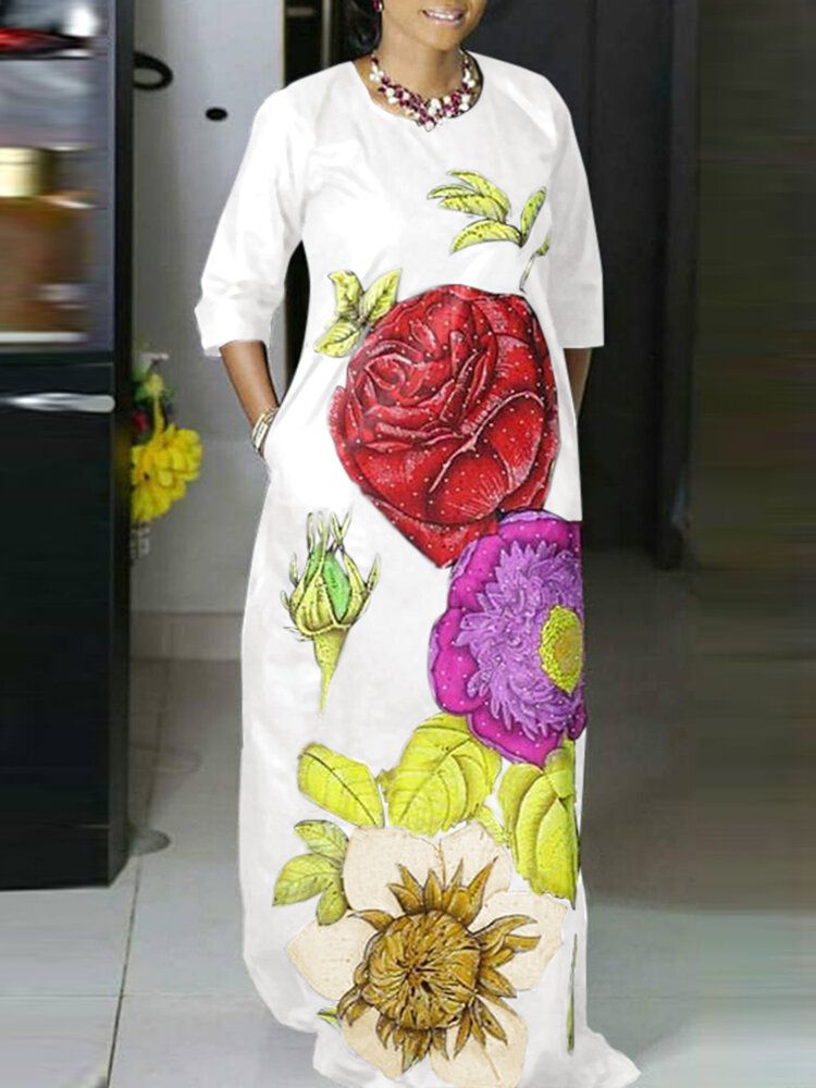 Flower Printing Side Pockets Europe Style Fashion Maxi Dress