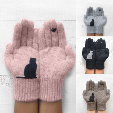 Gants En Laine Pour Femmes Automne Hiver Extérieur Chaud Froid Rembourré Chat Oiseau Impression Gant