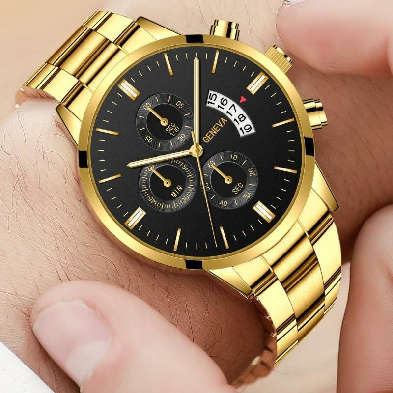 Genève Mode Hommes Montre Date Affichage Bracelet En Acier Inoxydable Montre À Quartz D'affaires