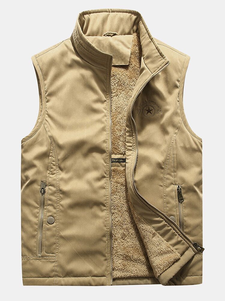 Gilet De Pêche Chaud Épaissi De Couleur Unie Avec Fermeture Éclair Pour Homme