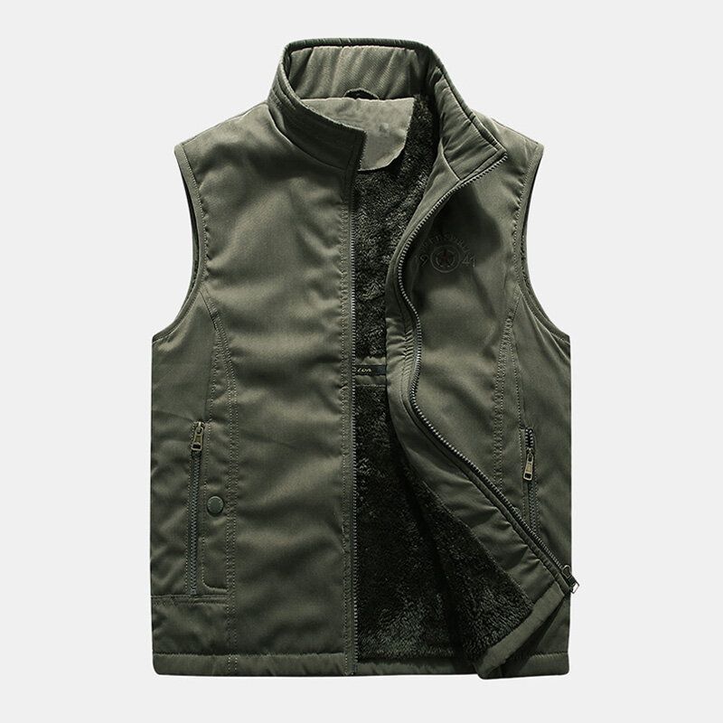 Gilet De Pêche Chaud Épaissi De Couleur Unie Avec Fermeture Éclair Pour Homme