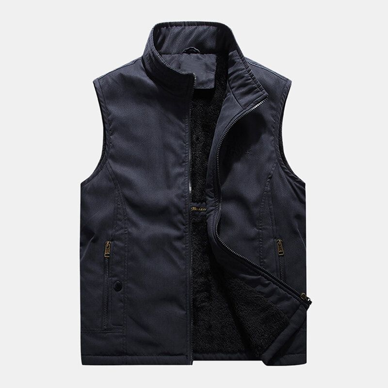 Gilet De Pêche Chaud Épaissi De Couleur Unie Avec Fermeture Éclair Pour Homme