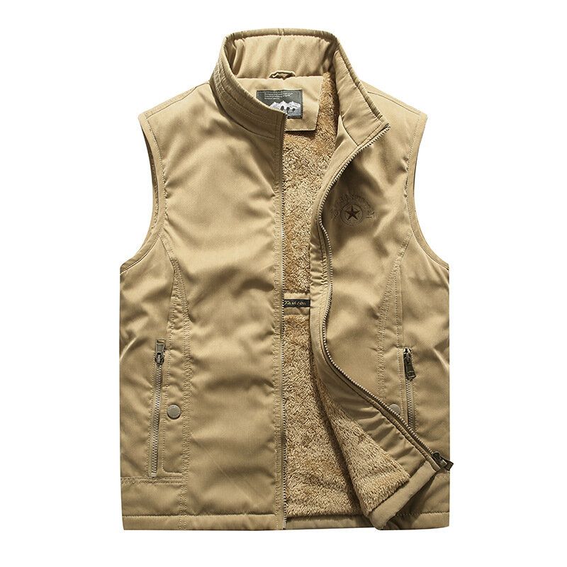 Gilet De Pêche Chaud Épaissi De Couleur Unie Avec Fermeture Éclair Pour Homme