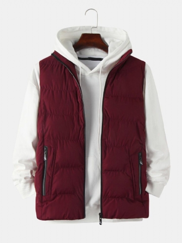 Gilet Sans Manches Épais Et Rembourré De Couleur Unie Pour Hommes Avec Poche