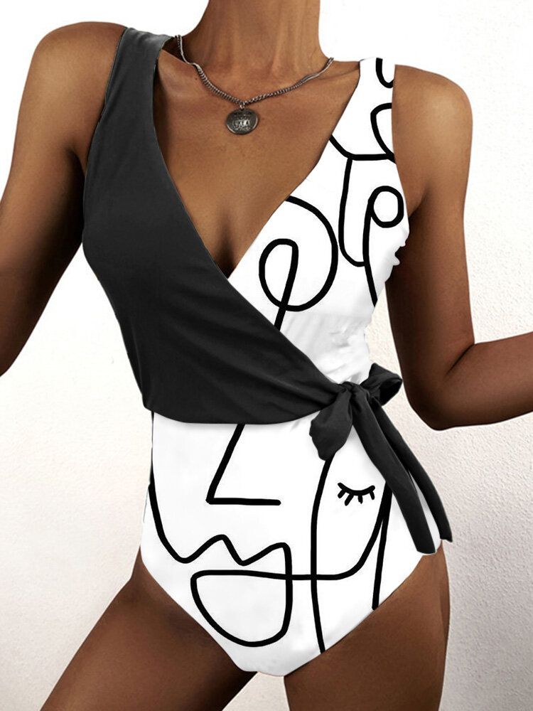 Graffiti Imprimer Patchwork Noué Sans Manches Minceur Col Haut Femmes Maillots De Bain Une Pièce