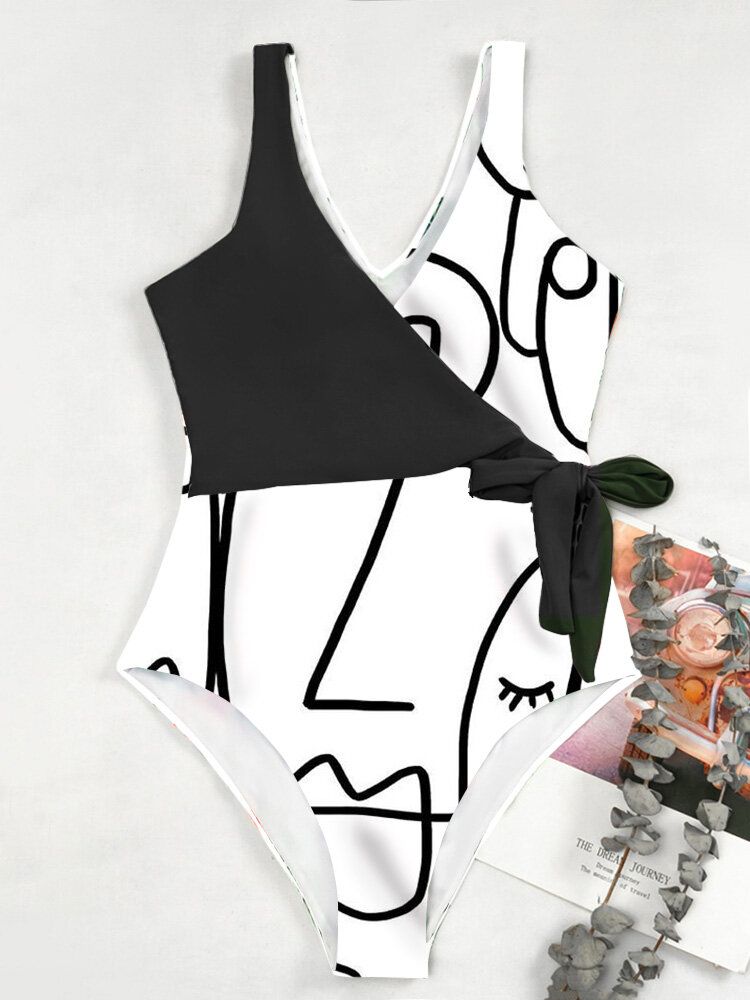 Graffiti Imprimer Patchwork Noué Sans Manches Minceur Col Haut Femmes Maillots De Bain Une Pièce