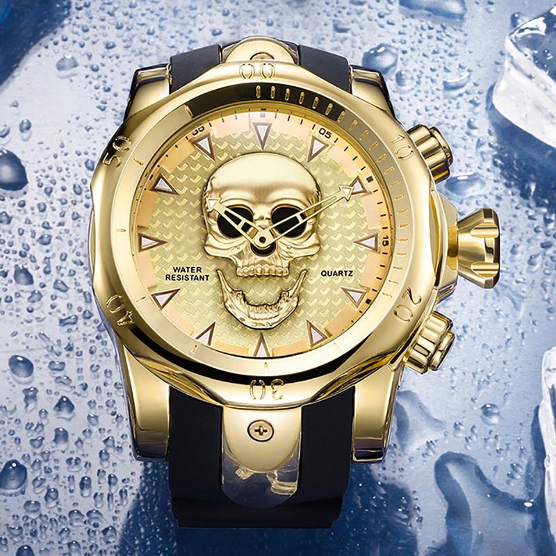 Grand Cadran Hommes D'affaires Montre Fantôme Tête Crâne Cadran Silicone Bande Montre À Quartz Étanche