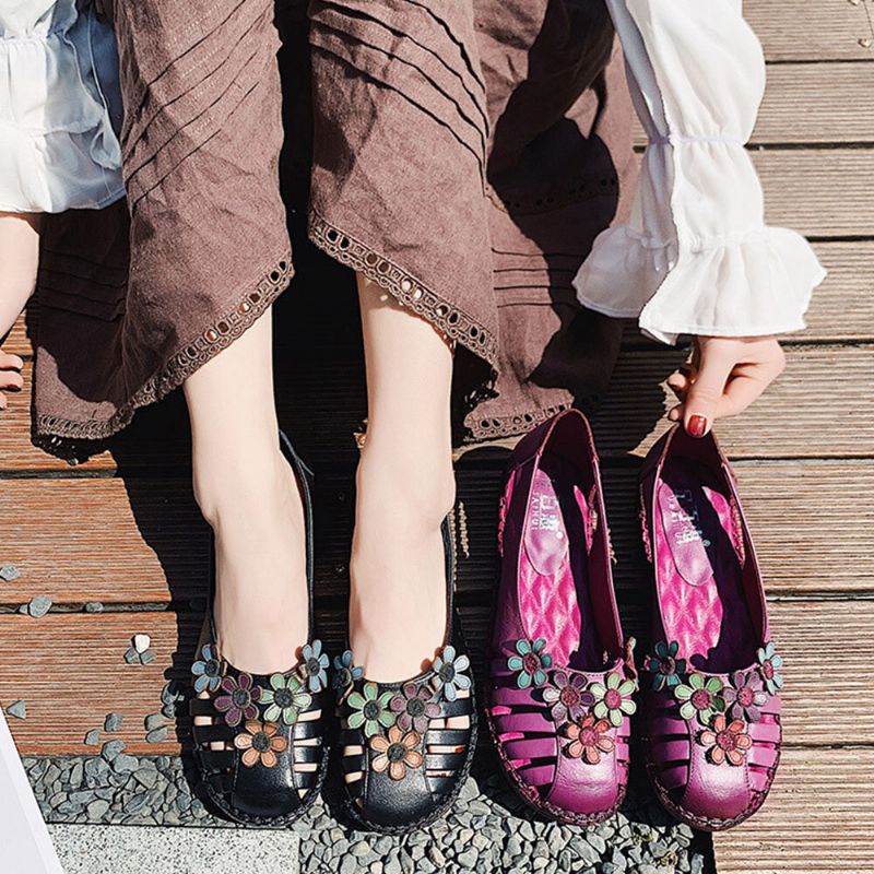 Grande Taille Femmes Respirant Doux Confortable En Cuir Véritable Orné De Fleurs Couture À La Main Chaussures Plates