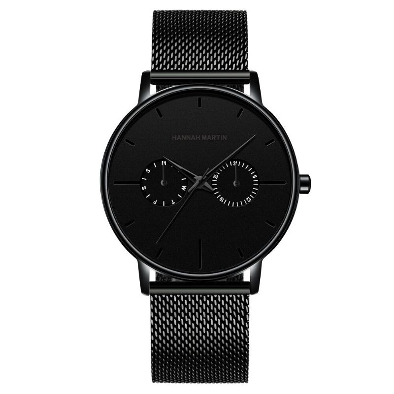 Hannah Martin Mode Casual Avec Calendrier Double Cadran En Acier Maille / Bracelet En Cuir Pu 3atm Étanche Hommes Montre À Quartz