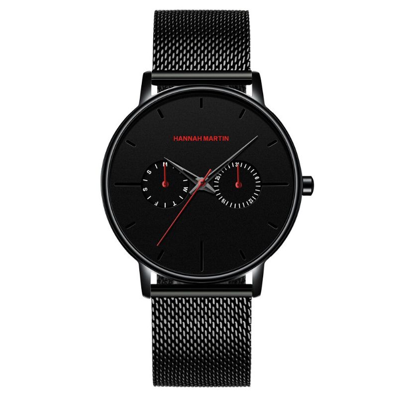 Hannah Martin Mode Casual Avec Calendrier Double Cadran En Acier Maille / Bracelet En Cuir Pu 3atm Étanche Hommes Montre À Quartz