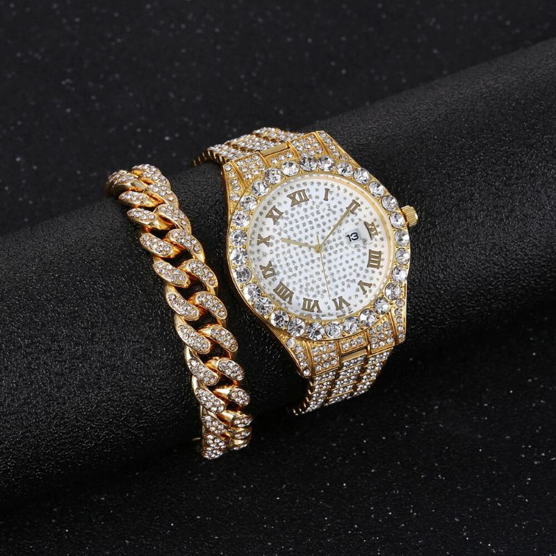 Hip Hop Luxury 2 Pcs Hip-hop Chain Full Diamond Watch Bracelet Lady Quartz Watch