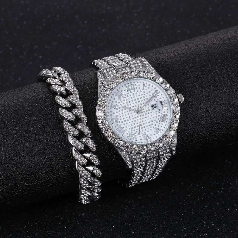 Hip Hop Luxury 2 Pcs Hip-hop Chain Full Diamond Watch Bracelet Lady Quartz Watch