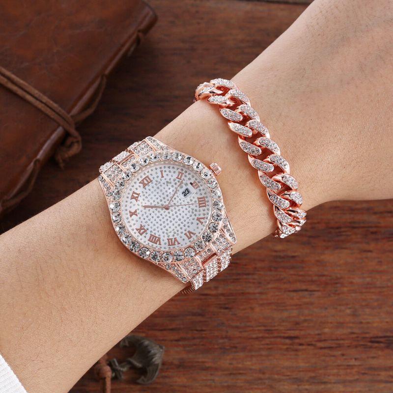 Hip Hop Luxury 2 Pcs Hip-hop Chain Full Diamond Watch Bracelet Lady Quartz Watch