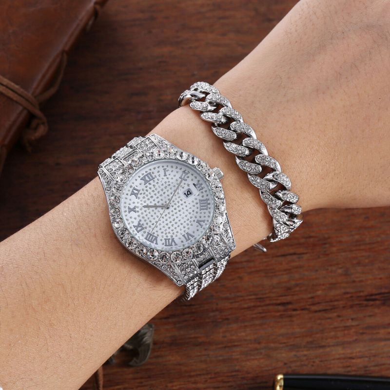 Hip Hop Luxury 2 Pcs Hip-hop Chain Full Diamond Watch Bracelet Lady Quartz Watch