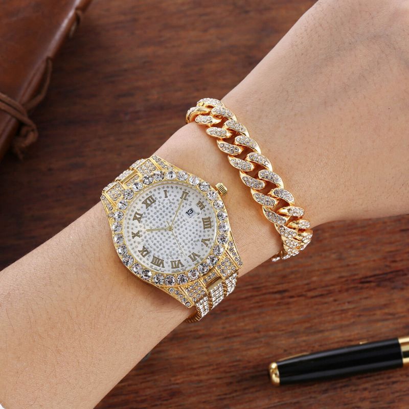 Hip Hop Luxury 2 Pcs Hip-hop Chain Full Diamond Watch Bracelet Lady Quartz Watch