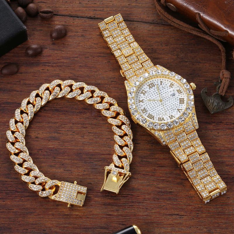 Hip Hop Luxury 2 Pcs Hip-hop Chain Full Diamond Watch Bracelet Lady Quartz Watch