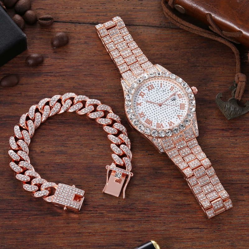 Hip Hop Luxury 2 Pcs Hip-hop Chain Full Diamond Watch Bracelet Lady Quartz Watch