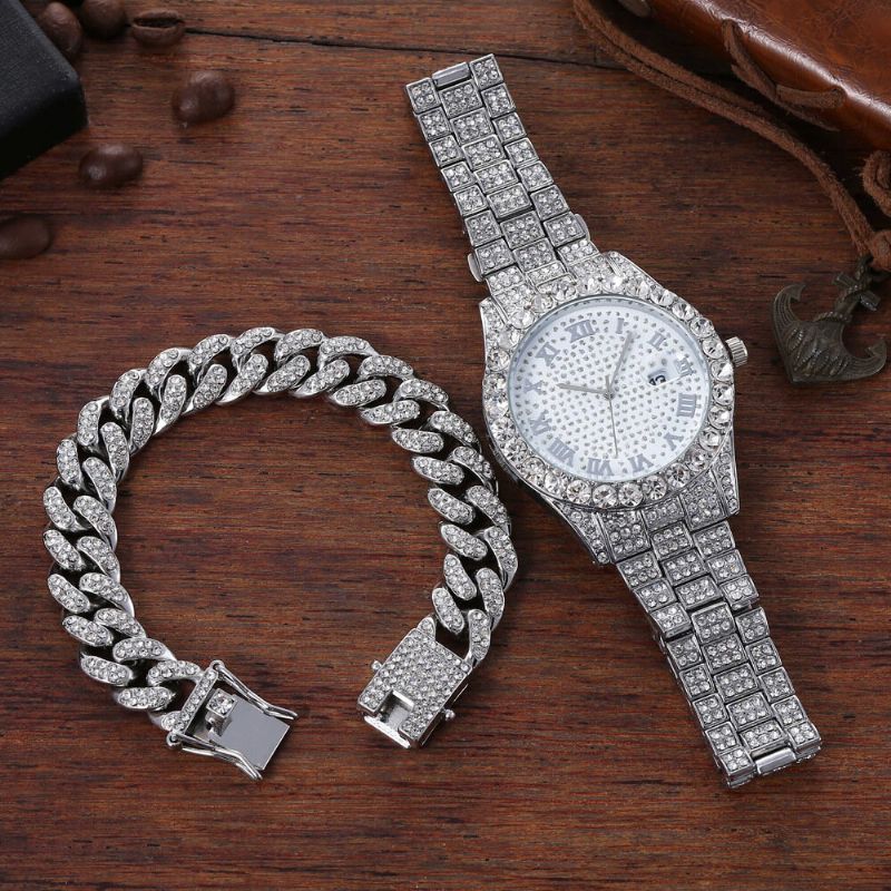 Hip Hop Luxury 2 Pcs Hip-hop Chain Full Diamond Watch Bracelet Lady Quartz Watch