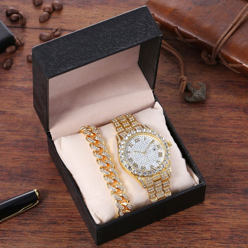 Hip Hop Luxury 2 Pcs Hip-hop Chain Full Diamond Watch Bracelet Lady Quartz Watch