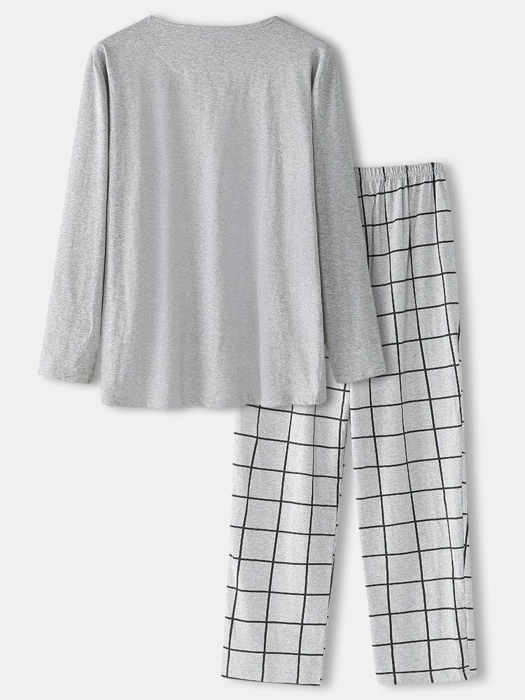 Hommes 100% Coton Col Rond Haut Plaid Pantalon Maison Confortable Pyjama Ensemble